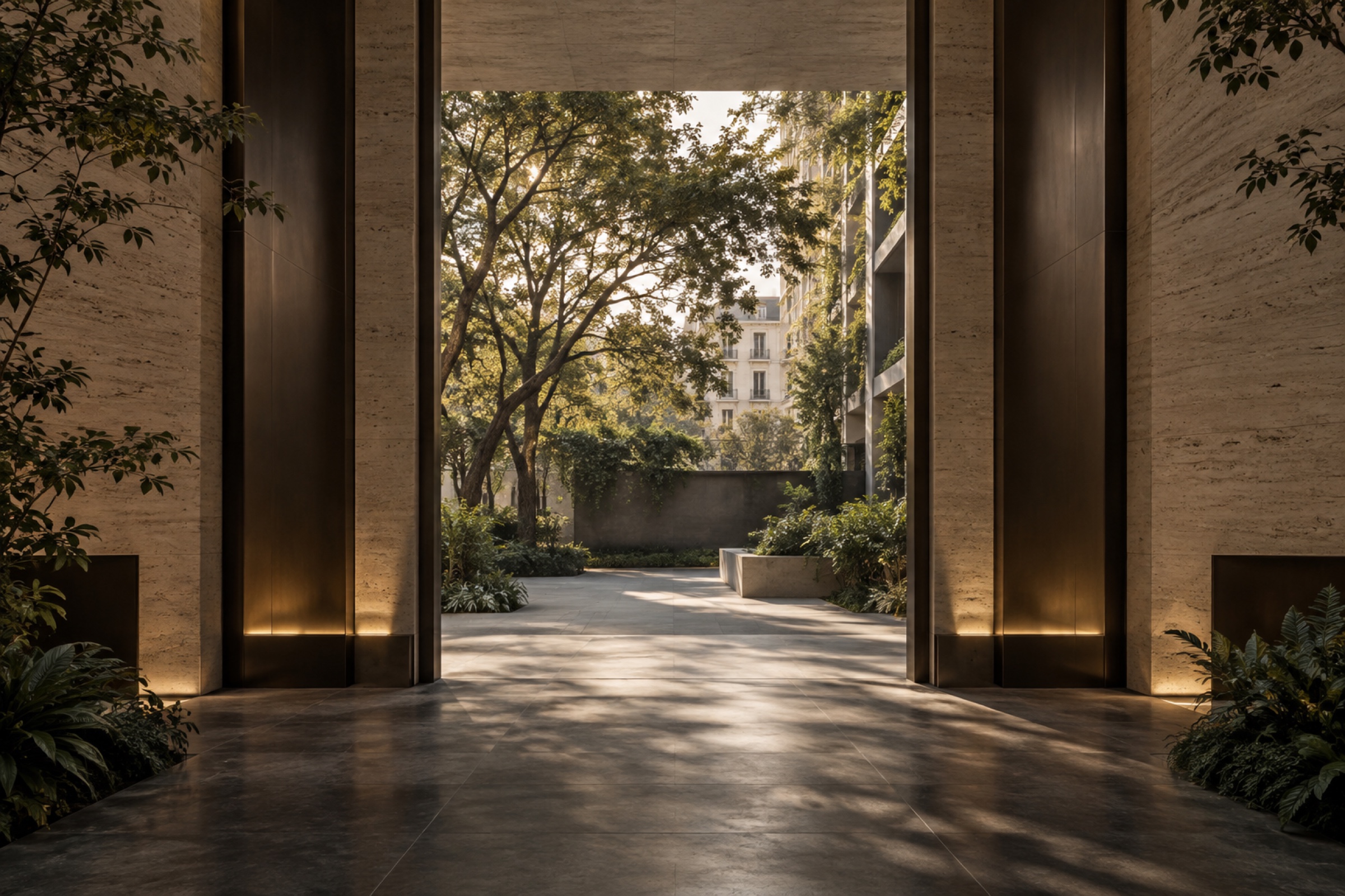 Umbral arquitectónico contemporáneo abierto hacia un patio urbano arbolado