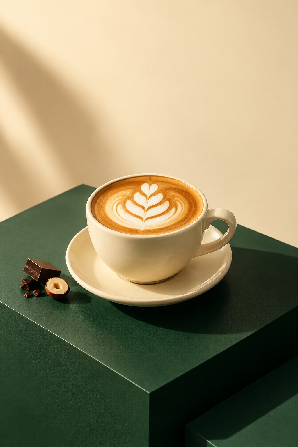 Cortado en taza crema con latte art sobre un pedestal verde