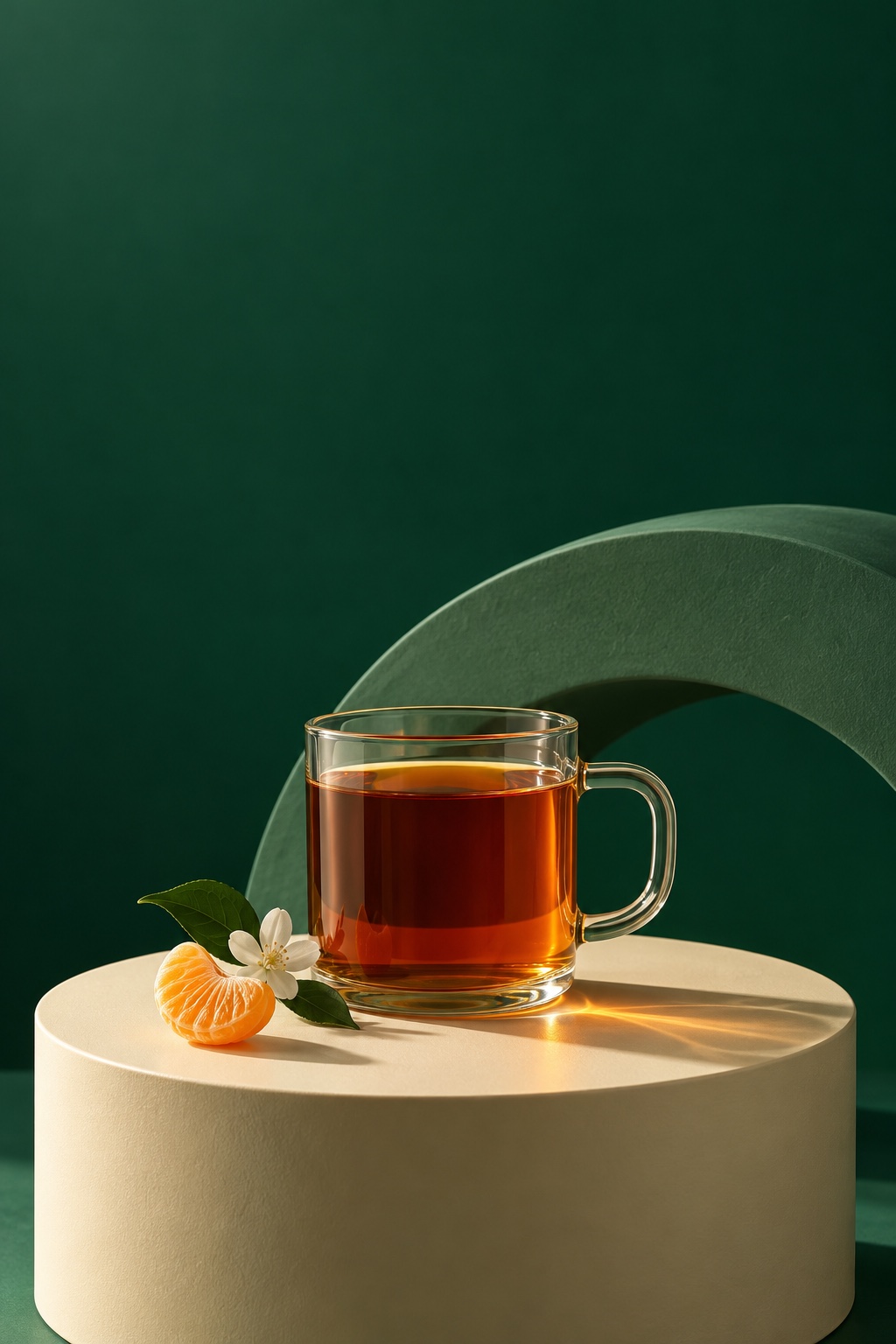 Café de filtro ámbar en taza de vidrio, con un detalle de mandarina y jazmín