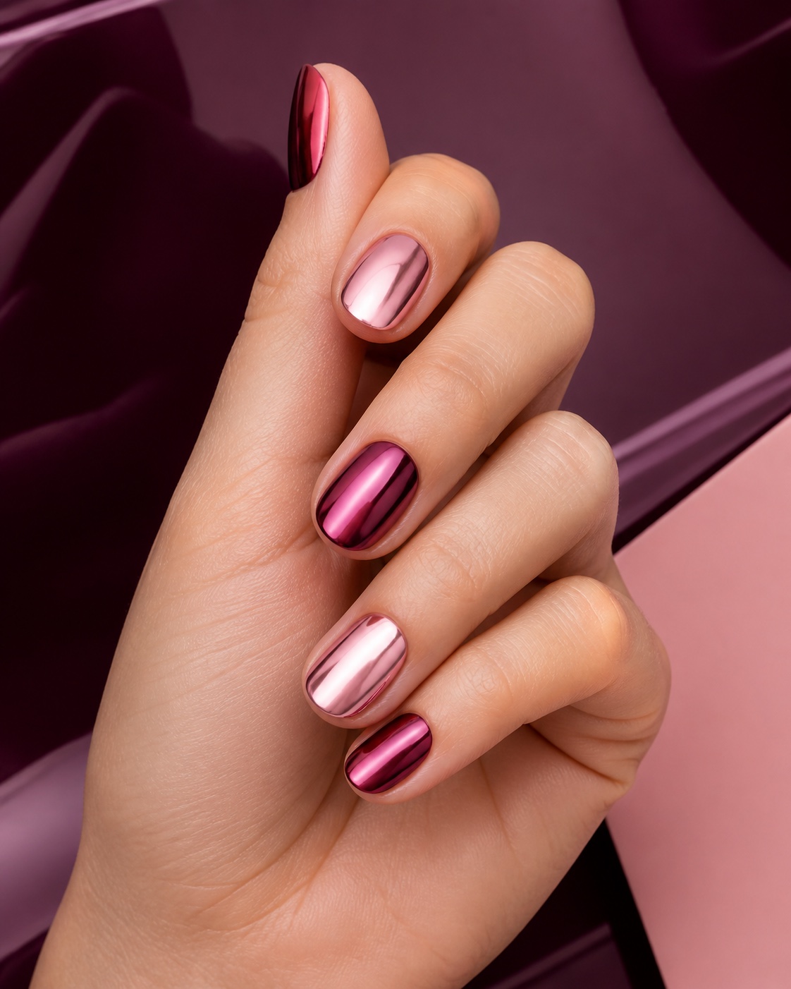 Chrome Kiss, manicura espejo rosa y berry